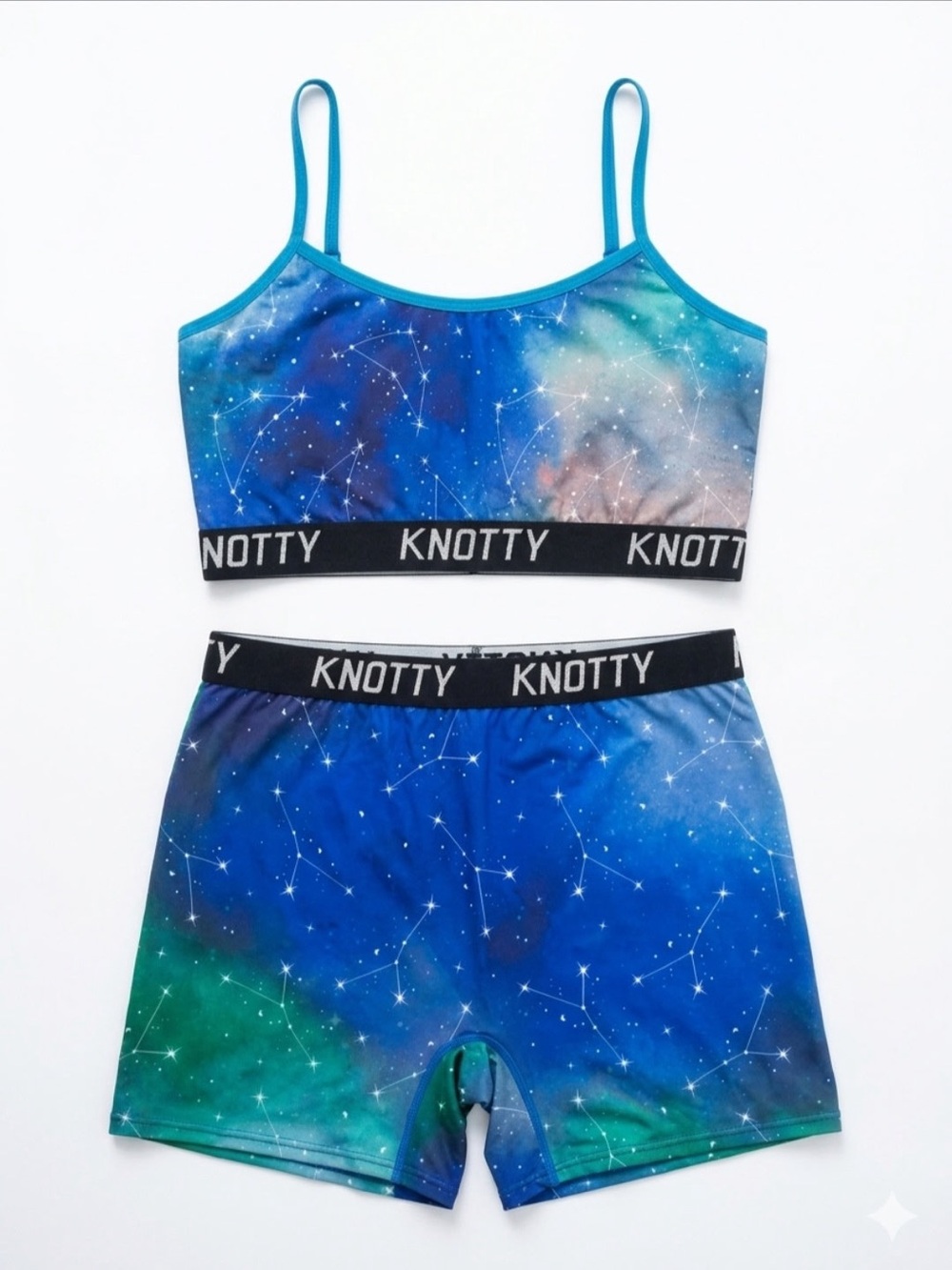 Knotty Galaxy Print Sports Bralette & Shorts Set - Blue/Green